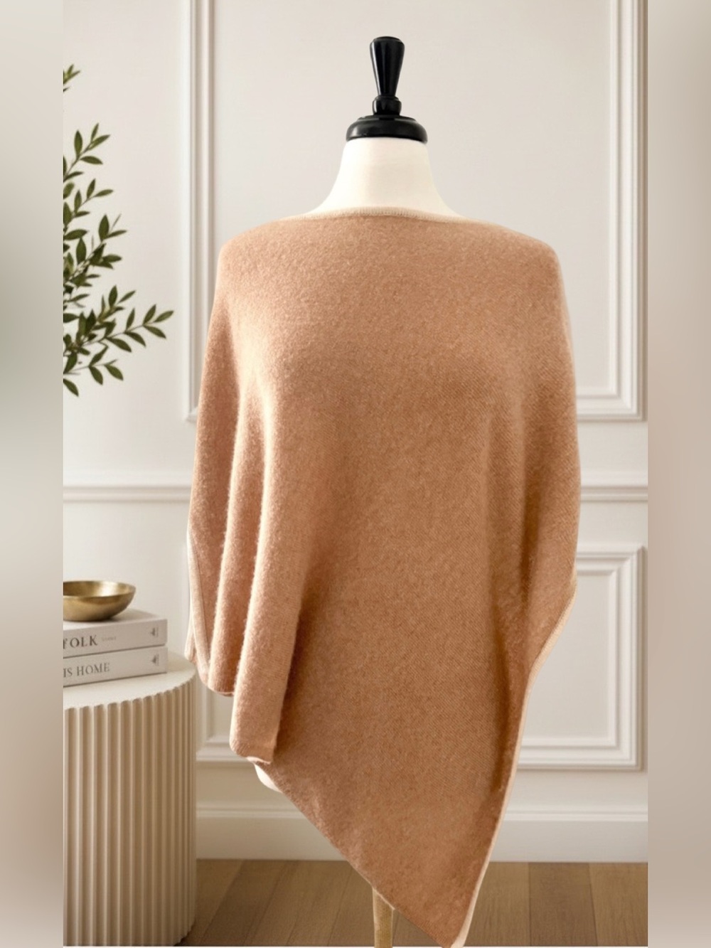 Claudia Nichole 100% Cashmere Camel Poncho Sweater Shawl Luxury Minimalist Tan